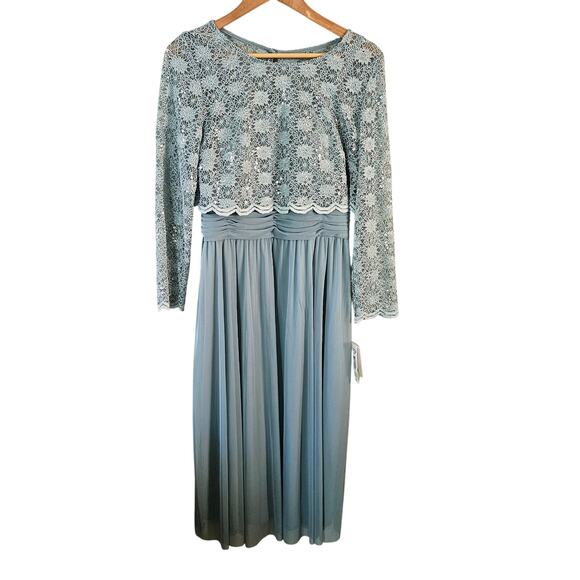 R&M Richards Lace Dress Gown, Size 8 Sage Sequin Long Sleeve Mother of the Bride - Picture 1 of 9